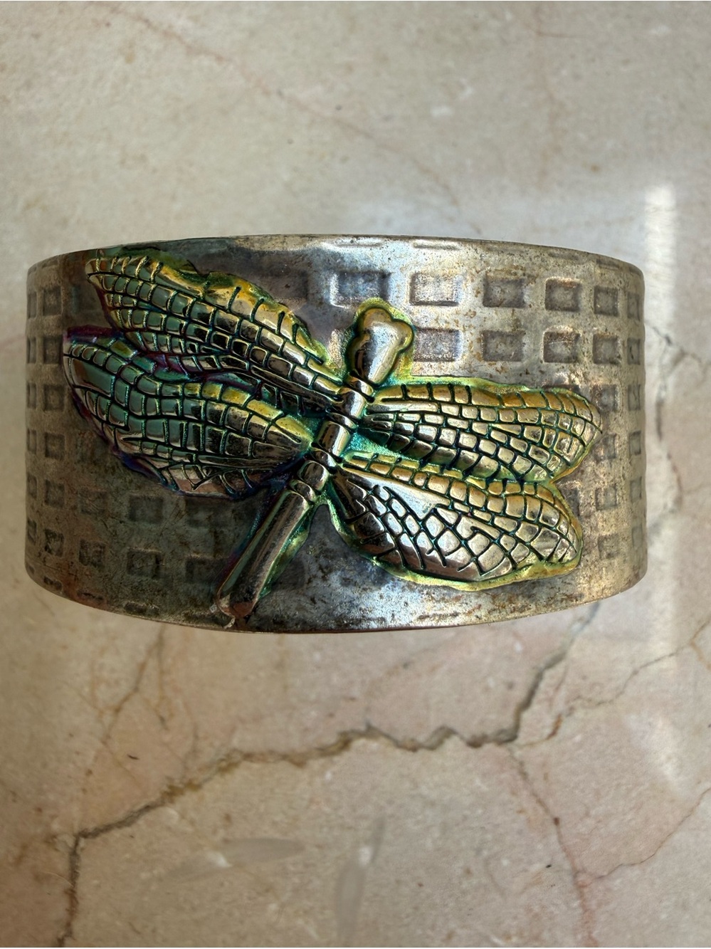 Sterling silver vintage  iridescent Dragonfly Cuff
